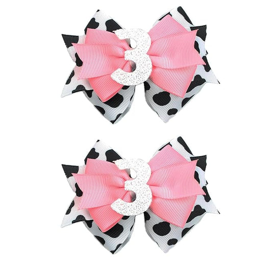 Birthday Hair Clips for Baby Girls - 2Pc Cow Print Bow with White Number Hair Clips for 3rd Birthday Baby Bow Party Decorations for Girls Toddlers Hair Accessories (Cow Print -3 Years)