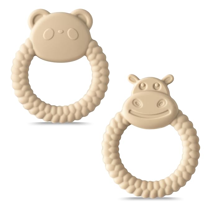 Silicone Teething Toy for Babies - 2ooya 2Pcs Bear Animal Theme Teething Ring Relief Chew Toy Infant Sore Gums Pain Soft Food Grade Silicone Teethers for Toddler 6-12 Months Birthday Baby Shower
