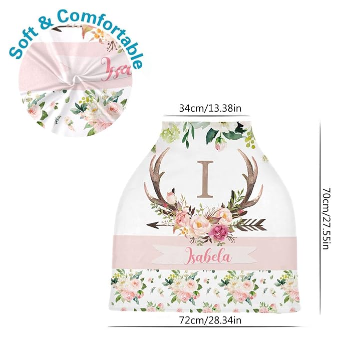 Personalized Baby Car Seat Cover for Girls Boys, Custom Nursing Covers for Breastfeeding with Name, Infant Stroller Cover, Baby Carseat Canopy for Newborn, Multiuse Car Seat Canopies, Antlers Deer
