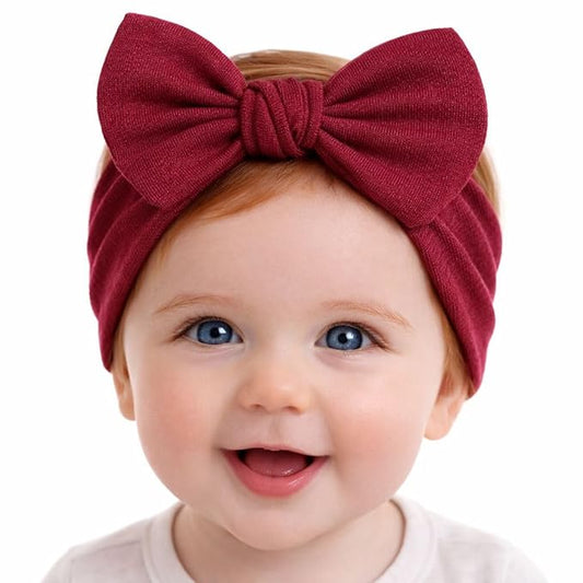Baby Girl Headbands 0–6 Months – Newborn Infant Soft Cotton Handmade Bow Headband, Stretchy No Mark Baby Hair Accessories (Burgundy, 0-6 Month)