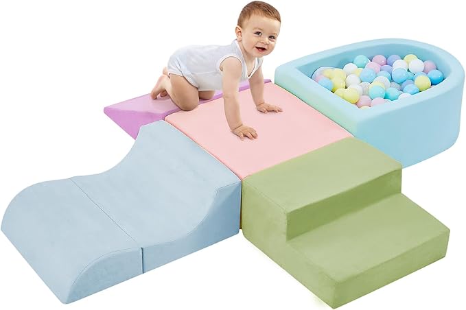 QUCHI 5-Piece Climbing Toys for Toddlers, Toddler Climbing Toys Indoor with Foam Ball Pit (Balls not Included), Soft Foam Climbing Blocks Set Indoor Play Gym for Crawling and Sliding