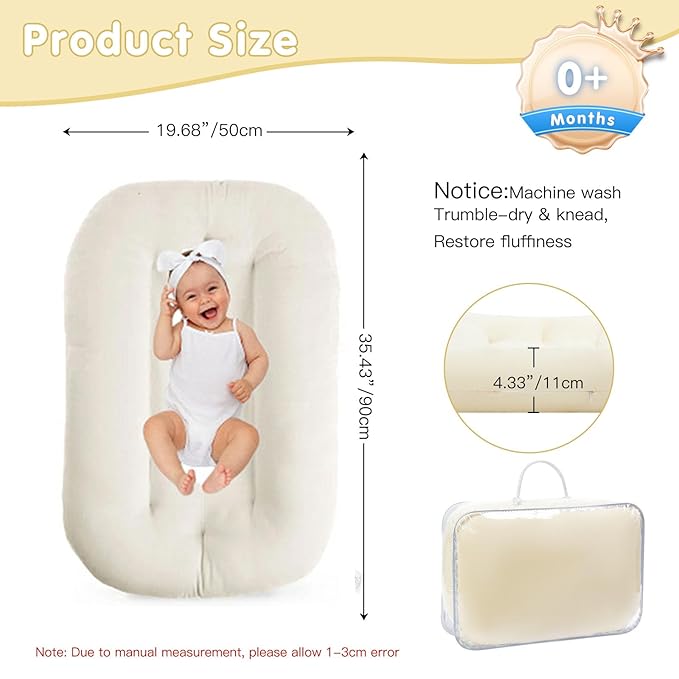 Baby Lounger 0-18 Months, Baby Lounger for Newborn, Soft Organic Cotton Breathable Lounger for Infants (White Baby Lounger)