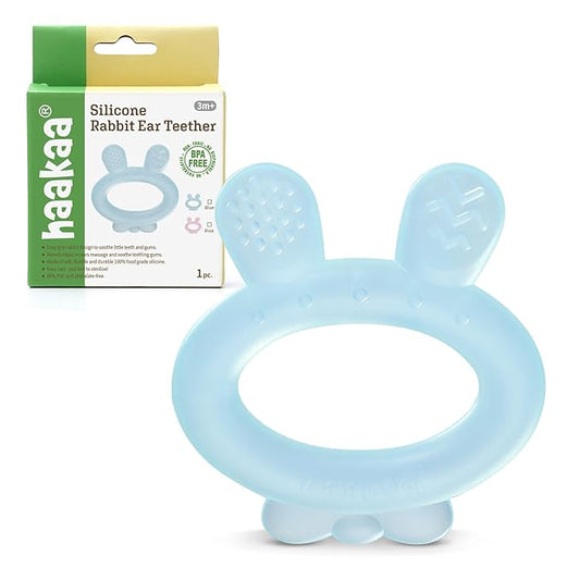 Haakaa Silicone Baby Teether - Rabbit Ear Frozen Teething Toy for Babies 3-6 Months- Cold Teething Relief - BPA Free Silicone -Blue