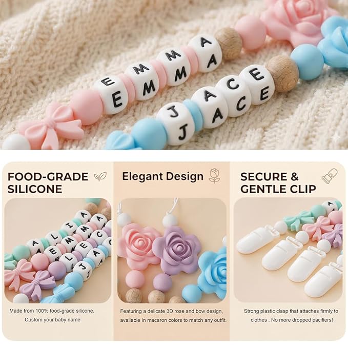 Personalize Name Pacifier Clips,Custom Baby Pacifier Holder Leash with Silicone Beads,Newborn Gift for Boy or Girl