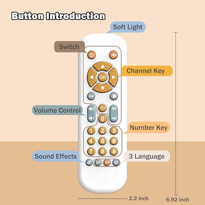 Baby TV Remote Control Toy with Music Sound and Light, Toddler Realistic Play TV Remote Toys Early Educational Learning Toy with 3 Language Musical Toy for 6-36 Months(White)