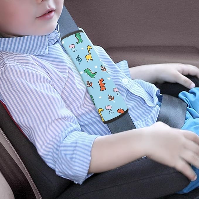 ENLACHIC Kids Car Seat Belt Cover, Cute Cartoon Animal Print Baby Car Seat Strap Pads Infant Car Seat Protector Car Accessories Universal All Cars,Blue Cartoon Dinosaur