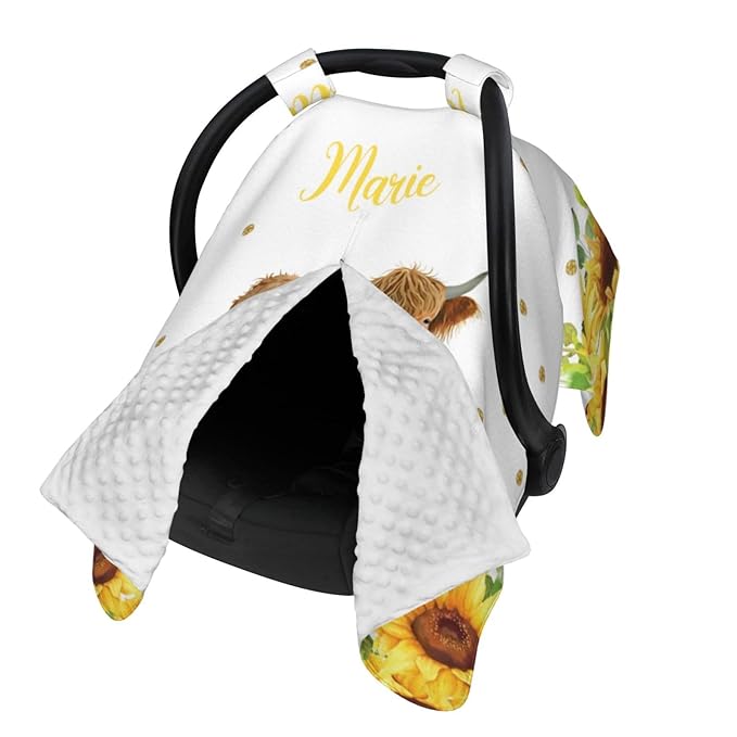 Personalized Baby Car Seat Canopy for Babies, Custom Name Car Seat Covers for Baby Girl, Sunflower Cow Opening Minky Nursing Breastfeeding Cover for Infant, Carseat Canopies for Newborn