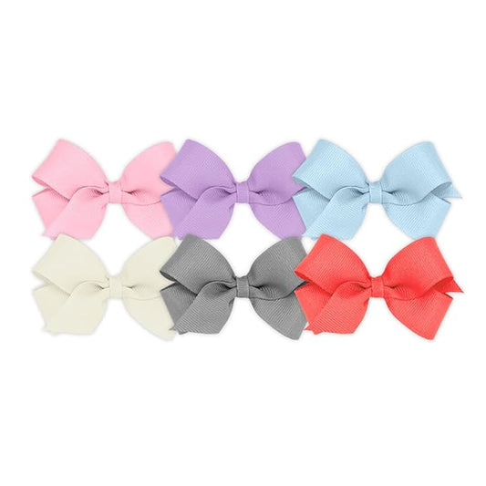 Wee Ones Girls' 6 Piece Set of Bows, Solid Grosgrain Variety Pack on a WeeStay No-Slip Hair Clip, Mini, Pearl Pink, Light Orchid, Millennium Blue, Antique White, Gray, Watermelon