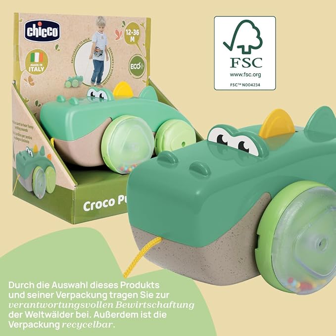 Chicco, Crocodile Pull Along Eco+, Pull Along Toy, 50 cm Long Rope, Wheels with Balls, Tumbling Movement, Recycled Plastic, Made in Italy, Children's Toy from 12-36 Months