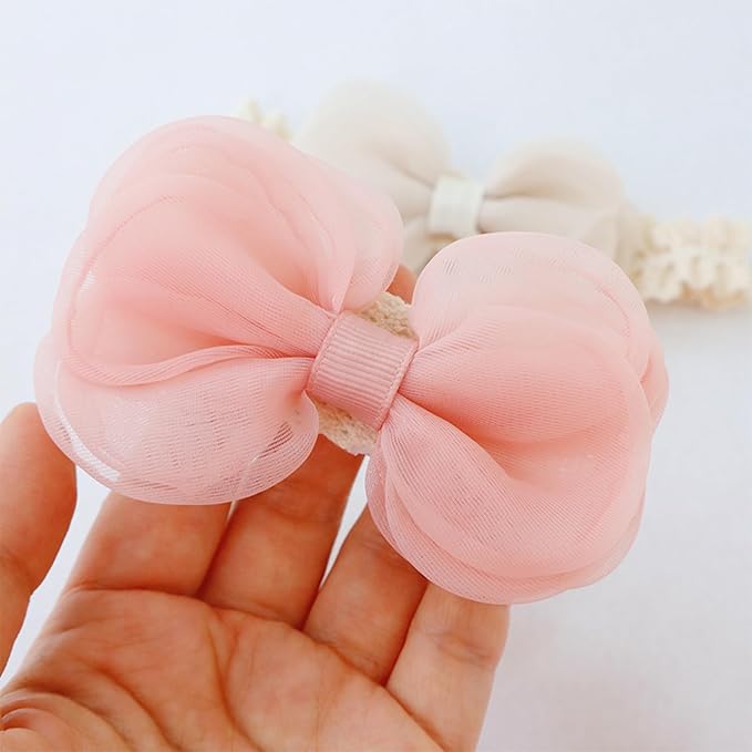 Cute Lace Bow Baby Girls Headbands Large Knot Hair Band Soft Chiffon Hairband Elastic Shower Hair Accessories for Newborn Infant Toddler Kids (Pink C, Elastic)