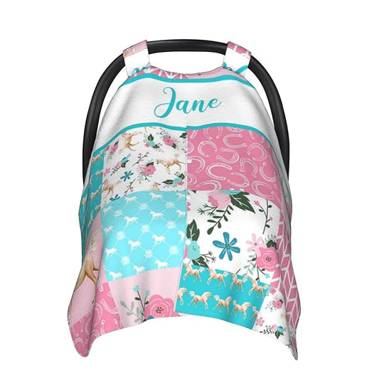 Personalized Baby Car Seat Canopy for Girls, Custom Name, Floral Horse Pink, Water Resistant, Universal Fit, Polyester, Car Seat Cover