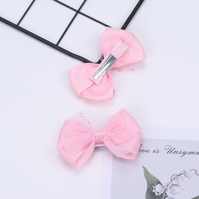 Tiny 3 Inch Dot Organza Double Hair Bow Clips - Cute Lined Boutique Alligator Hairpin for Girls, Toddlers, and Little Teens - Kids Barrettes Set of 2 Small Stylish (Light Pink)