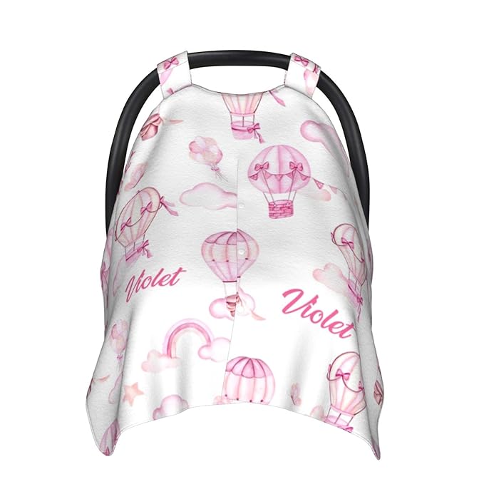 Personalized Baby Car Seat Canopy for Baby Girls, Custom Name Hot Air Balloons Baby Car Seat Covers for Babies, Opening Minky Nursing Breastfeeding Cover for Infant, Carseat Canopies for Newborn