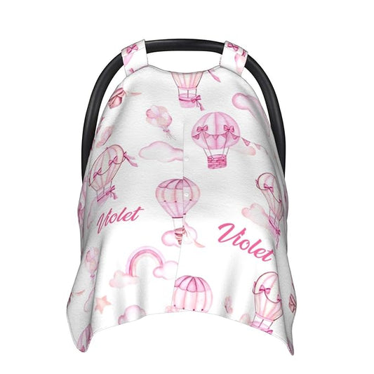 Personalized Baby Car Seat Canopy for Baby Girls, Custom Name Hot Air Balloons Baby Car Seat Covers for Babies, Opening Minky Nursing Breastfeeding Cover for Infant, Carseat Canopies for Newborn
