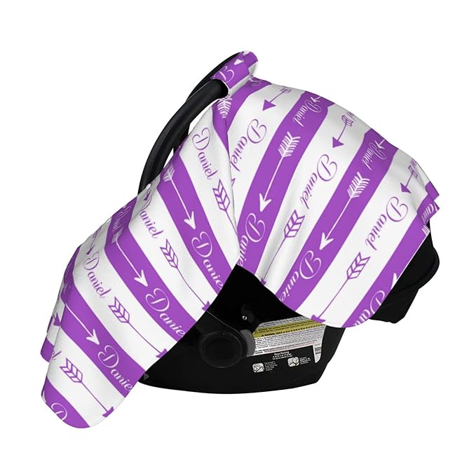 Personalized Baby Name Car Seat Covers with Tribal Arrows, Custom Carseat Canopy, Peekaboo Opening Nursing Wrap Breastfeeding Car Seat Canopies for Baby Boys Girls Newborn (Purple Arrow Minky Dot)