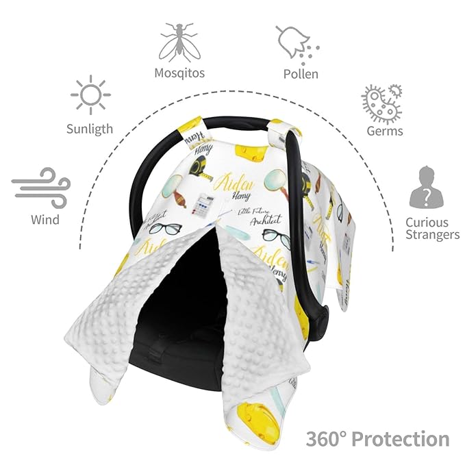 Personalized Baby Car Seat Canopy for Babies, Custom Name Baby Car Seats Covers for Boys Girls, Opening Minky Nursing Breastfeeding Cover for Infant Newborn, Carseat Canopies (Future Architects)