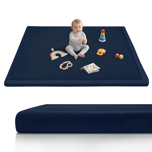 Baby Floor Mat, 2-Inch Extra Thick Playmat for Baby, 59"x39" Large Tummy Time with Powder-Free Memory Foam, Water-Resistant Flannel Cover Non-Slip Crawling Mat for Infants Toddlers, Navy Blue