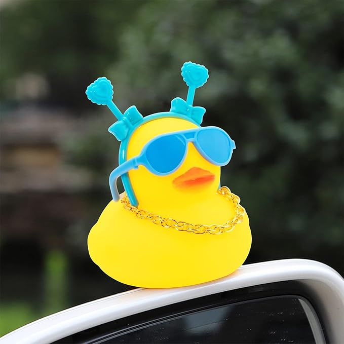wonuu Car Duck Rubber Duck Car Ornaments Duck Car Dashboard Decorations with Cute Headband Swim Ring Necklace Sunglasses, B-Blue Double Heart Headband