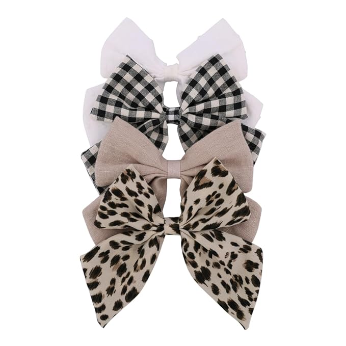 4 PCS Sailor Bow Hair Clips for Kids Girls Women Linen cotton Hair Bow Alligator Clips Baby Toddler Girl Mom Hair Accessories (Leopard/Beige)