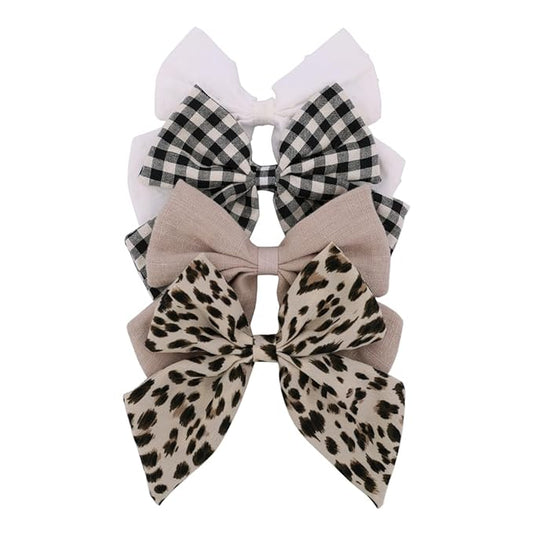 4 PCS Sailor Bow Hair Clips for Kids Girls Women Linen cotton Hair Bow Alligator Clips Baby Toddler Girl Mom Hair Accessories (Leopard/Beige)