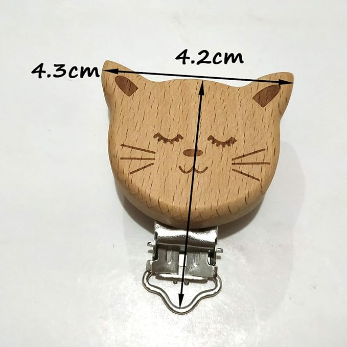 10pcs Natural Wood Suspender Pacifier Clips Cute Beech Wooden Animal Cat Shape Clips DIY Beading Pacifier Chain Accessory