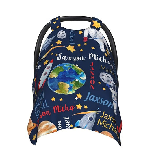 Personalized Baby Car Seat Canopy for Babies with Name, Custom Space Stroller Car Seat Covers for Boys Girls, Minky Nursing Carseat Cover for Breastfeeding, Car Seat Canopies for Infant Newborn