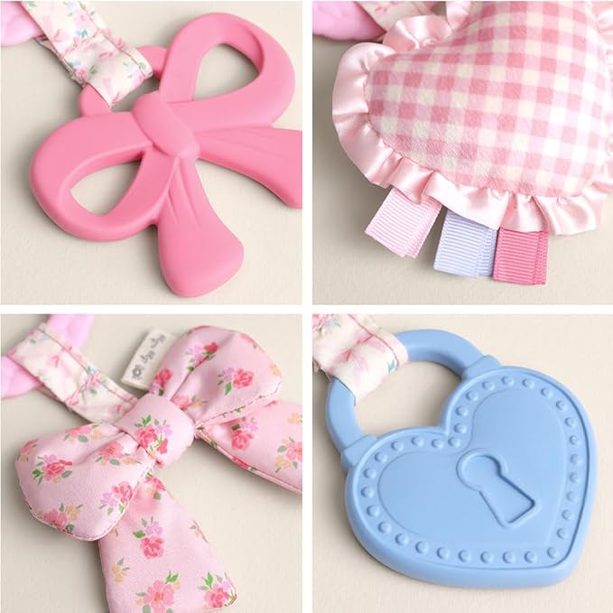 Itzy Ritzy Teething Activity Toy - Bitzy Busy Ring Infant Teething Toy Features Braided Teether & Dangling Toys, Includes Textured Ribbons, Crinkle Sound & Jingle Bell - 0 Months & Up (Pink Bow)