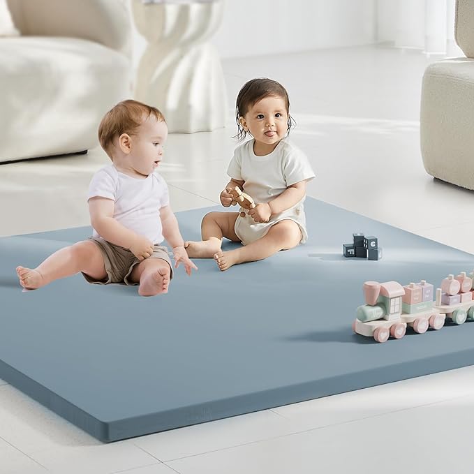 comehealthy Baby Play Mat for Floor, 50x50 Vegan Leather Playpen Mat, Thickened Foam Cushioned Mat for Infants and Toddlers, Waterproof, Non-Slip & Stylish Playmat for Babies, Easy to Clean, Blue