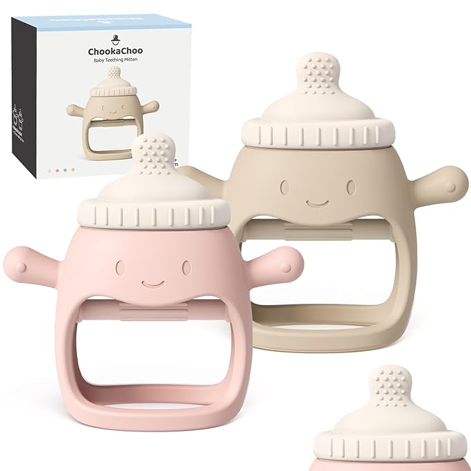 ChooKaChoo 2 Pack Baby Teething Toy for Over 3 Months, Food Grade Silicone Teething Mitten, Anti Dropping Wrist Hand Teethers Baby Chew Toys for Sucking Needs, BPA Free (BabyBottle Pink)