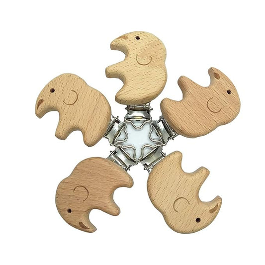 5pcs Natural Beech Wood Animal Pacifier Clips Grasping Toy Suspender Chain Clips Charm Antique DIY Beading Accessory (Elephant)