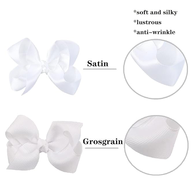 3 Inch Satin Bow for Little Girls - 2 Pcs (White)