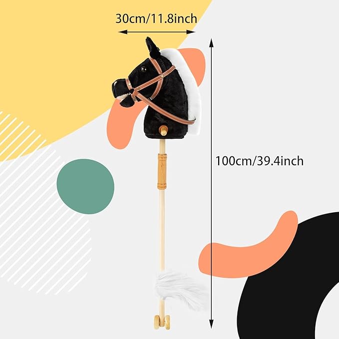 Stick Hobby Horse Riding Toy, Plush Horse for Toddlers Ages 3+, Ride On Toy Fun Pretend Play with Wooden Wheels and Real Pony Clip-Clop Sounds - Black, 39 Inches