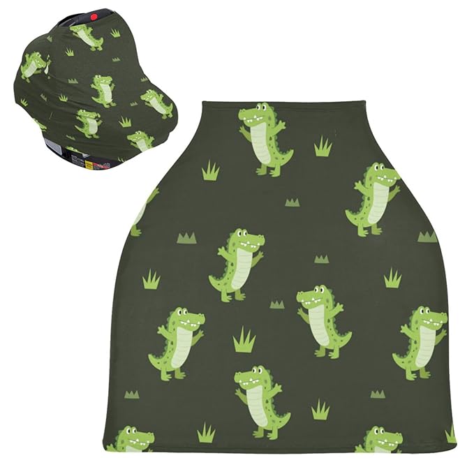 Cute Crocodile Baby Car Seat Covers Green Alligator Grass Carseat Canopy Soft Infant Stroller Cover Nursing Breastfeeding Covers for Girls Boys Newborn Fit Summer Spring Autumn