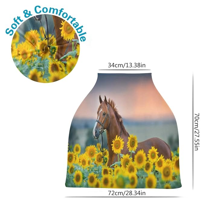 Horse Sunflowers Baby Car Seat Covers, Nursing Cover Breastfeeding Scarf Soft Breathable Stretchy Coverage, Infant Stroller Cover for Boys Girls