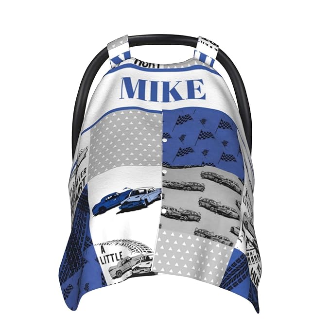 Personalized Baby Car Seat Canopy for Babies, Custom Name Car Seat Covers for Boys, Opening Minky Nursing Breastfeeding Cover for Infant, Carseat Canopies for Newborn (Racing Car)