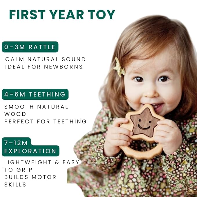Handmade Montessori Wooden Baby Rattle 0–12 Months | Natural Beechwood Teether for Babies | Lightweight Star-Shaped Easy-Grip Infant Toy | Smooth Finish Sensory Play Toy | CPSIA & EN71 Tested