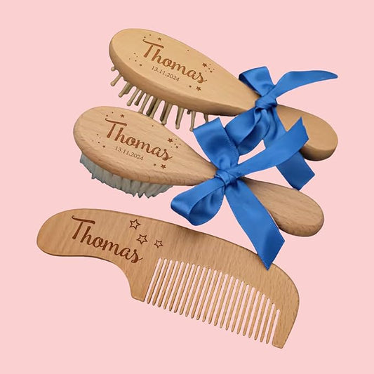 Personalized Baby Gift Newborn Hair Brush and Comb, Customized Engraved Baby Keepsake，Personalized Girls Brush and Comb Set， Wood Bristle Toddler Comb, Cradle Cap Brush(Blue)