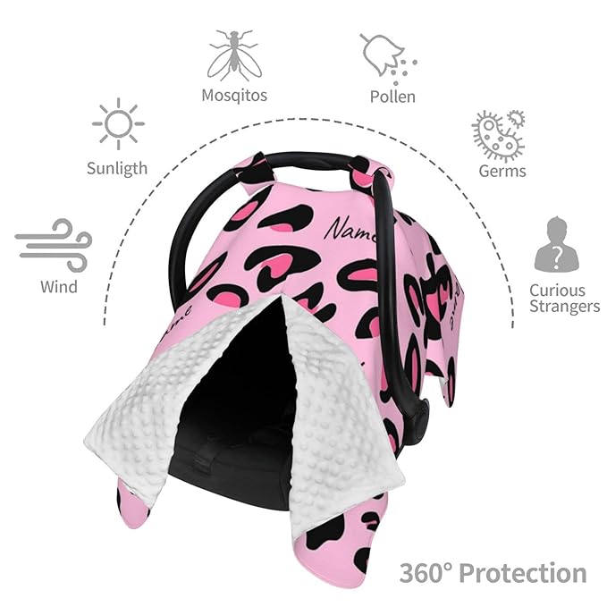 Personalized Baby Car Seat Canopy for Babies with Name, Custom Pink Leopard Print Stroller Car Seat Covers for Girls, Minky Nursing Carseat Cover for Breastfeeding, Car Seat Canopies for Newborn