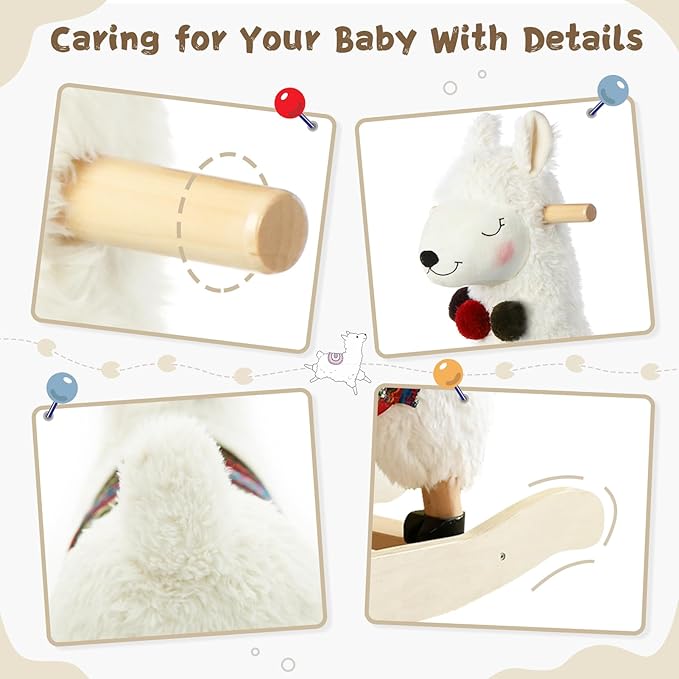 labebe - Baby Rocking Horse Wooden, Plush Stuffed Rocking Animals White, Kid Ride on Toys for 1-3 Years Old, Llama Rocking Horse for Girl&Boy, Toddler/Infant Rocker for Nursery, Kid Riding Toys/Horse