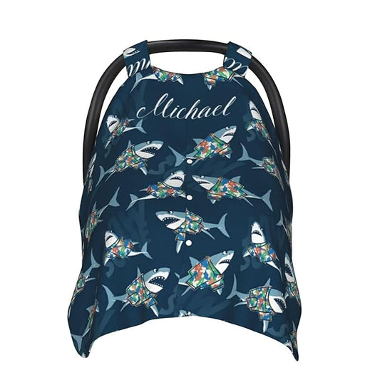 Personalized Baby Car Seat Canopy for Babies with Name, Custom Cute Shark Stroller Car Seat Covers for Boys Girls, Nursing Carseat Cover for Breastfeeding, Car Seat Canopies for Infant Newborn