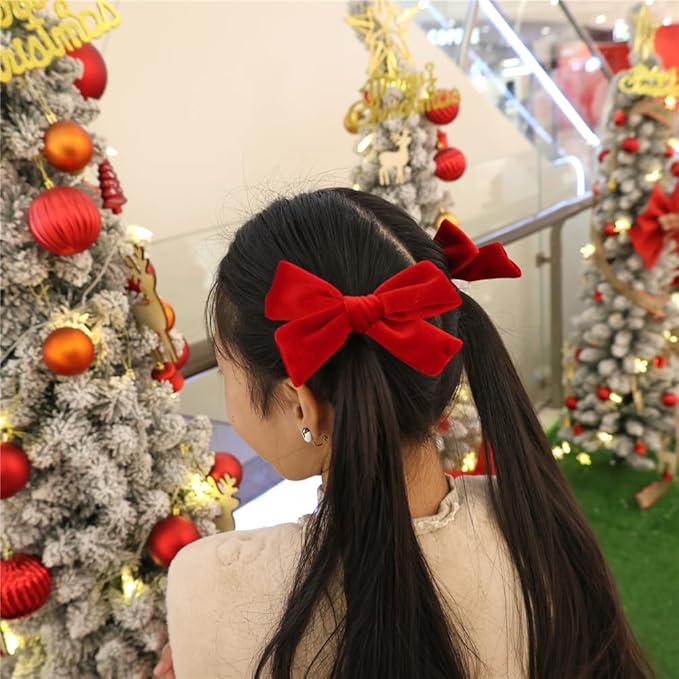 Vintage Velvet Bow Hair Clips for Baby Girl Kids Women Fall Velvet Christmas Hair Bows Barrettes Accessories (4 pcs Green/Red)