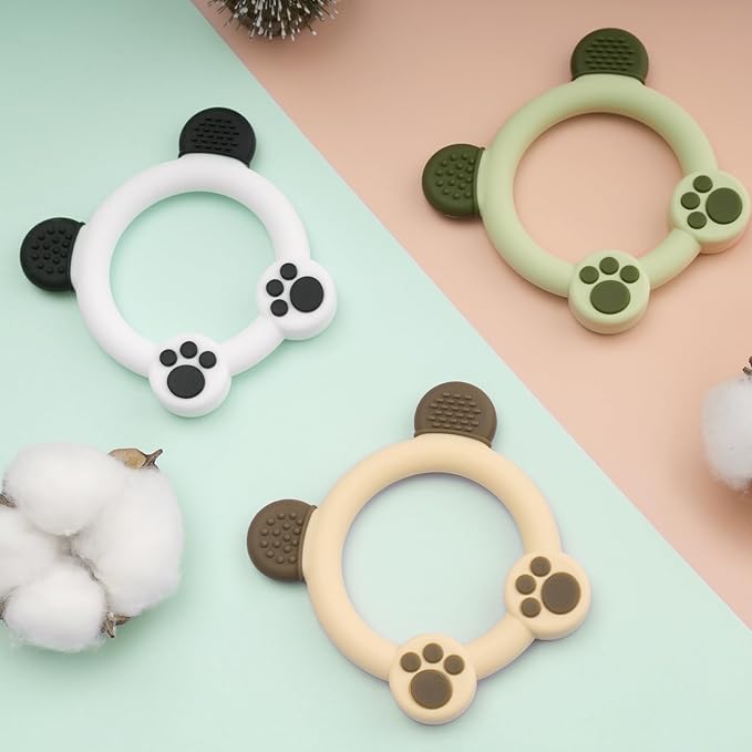 Meartchy 3 Pack Baby Teether, Bear-Shaped Silicone Teething Toys for Infants 0-24 Months, BPA-Free Chew Toys to Soothe Sore Gums (White & Green & Yellow)