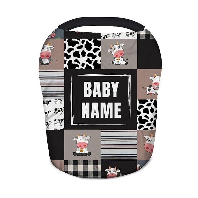 Personalized Baby Car Seat Covers with Name, Custom Nursing Cover Breastfeeding for Babies, Carseat Canopy for Boys and Girls, Infant Stroller Cover, Breathable Carseats Cover(Cute Cow Plaid)