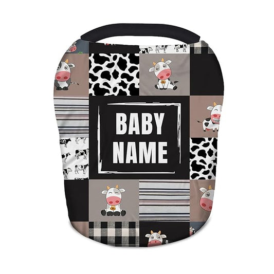 Personalized Baby Car Seat Covers with Name, Custom Nursing Cover Breastfeeding for Babies, Carseat Canopy for Boys and Girls, Infant Stroller Cover, Breathable Carseats Cover(Cute Cow Plaid)