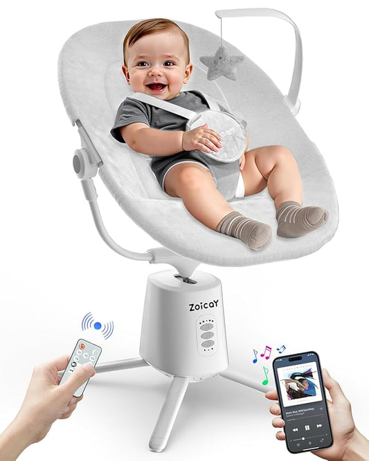 Zoicay Baby Swing,Baby Swings for Infants with 3 Modes & 5 Speeds, BT Enabled App & Remote Control, Electric Swing – 6 Lullabies and 3 Timer Setting, 2 Seat Positions and 5-Point Harness Swing (White)