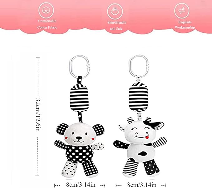 Baby Car Seat Toys, Black White Stroller Toy Stretch Baby Spiral Plush Toys, Hanging Rattle Toys for Crib Mobile, Newborn Sensory Toy Best Gift for 0 3 6 9 12 Months (Calf/Panda)
