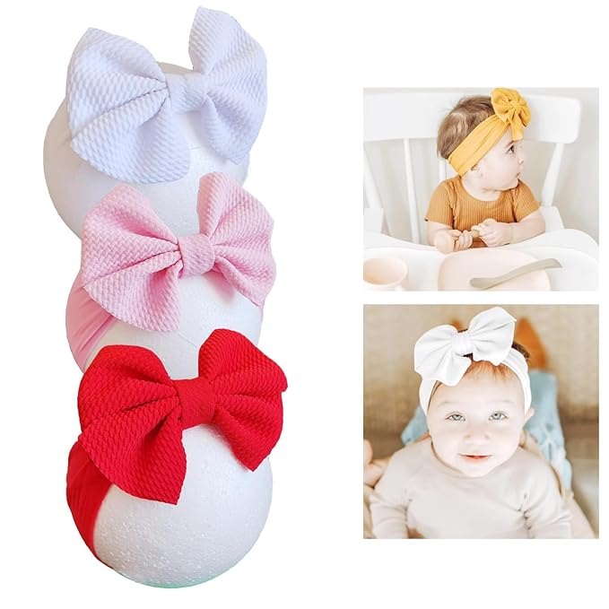 Hjiaruiky 3PCS Baby Girl Bows Baby Headbands Newborn Bow Big Stretchy Nylon Headbands for Baby Girls Hair Bows Hair Accessories for Infant White Pink Red