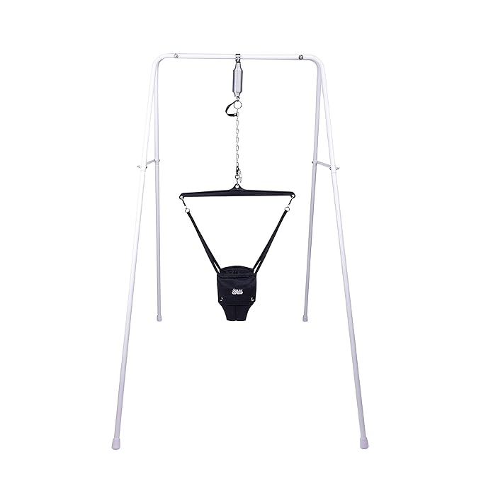 Jolly Jumper Classic (Black) with Stand - Original Baby Jumper, Indoor and Outdoor Exercise Saddle Seat, Adjustable Height, for Infants up to 28lbs