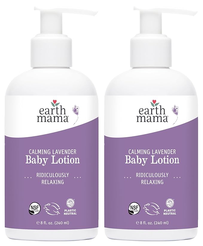 Earth Mama Calming Lavender Baby Lotion for Dry Skin, Calendula Cream for Newborn Skin Care, Children's Moisturizer, Aloe Juice, Rooibos, & Shea Butter, Lavender Lotion, 8 Fl Oz (2Pk)