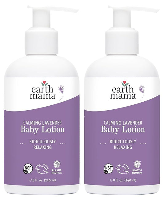 Earth Mama Calming Lavender Baby Lotion for Dry Skin, Calendula Cream for Newborn Skin Care, Children's Moisturizer, Aloe Juice, Rooibos, & Shea Butter, Lavender Lotion, 8 Fl Oz (2Pk)